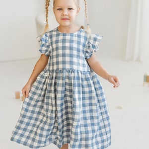 Girls Light Blue Gingham Linen Dress With Ruffles, Gingham Linen Sleeveless Dress, Toddler Linen Boho Dress,Girl's Casual Linen Summer Dress image 6