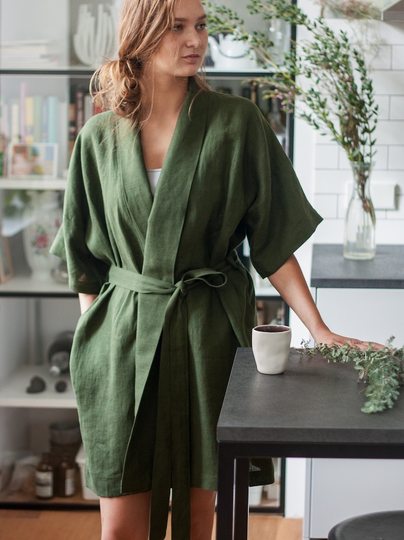 Green Linen Bathrobe Gift for Her Dark Green Linen Bath Robe Etsy
