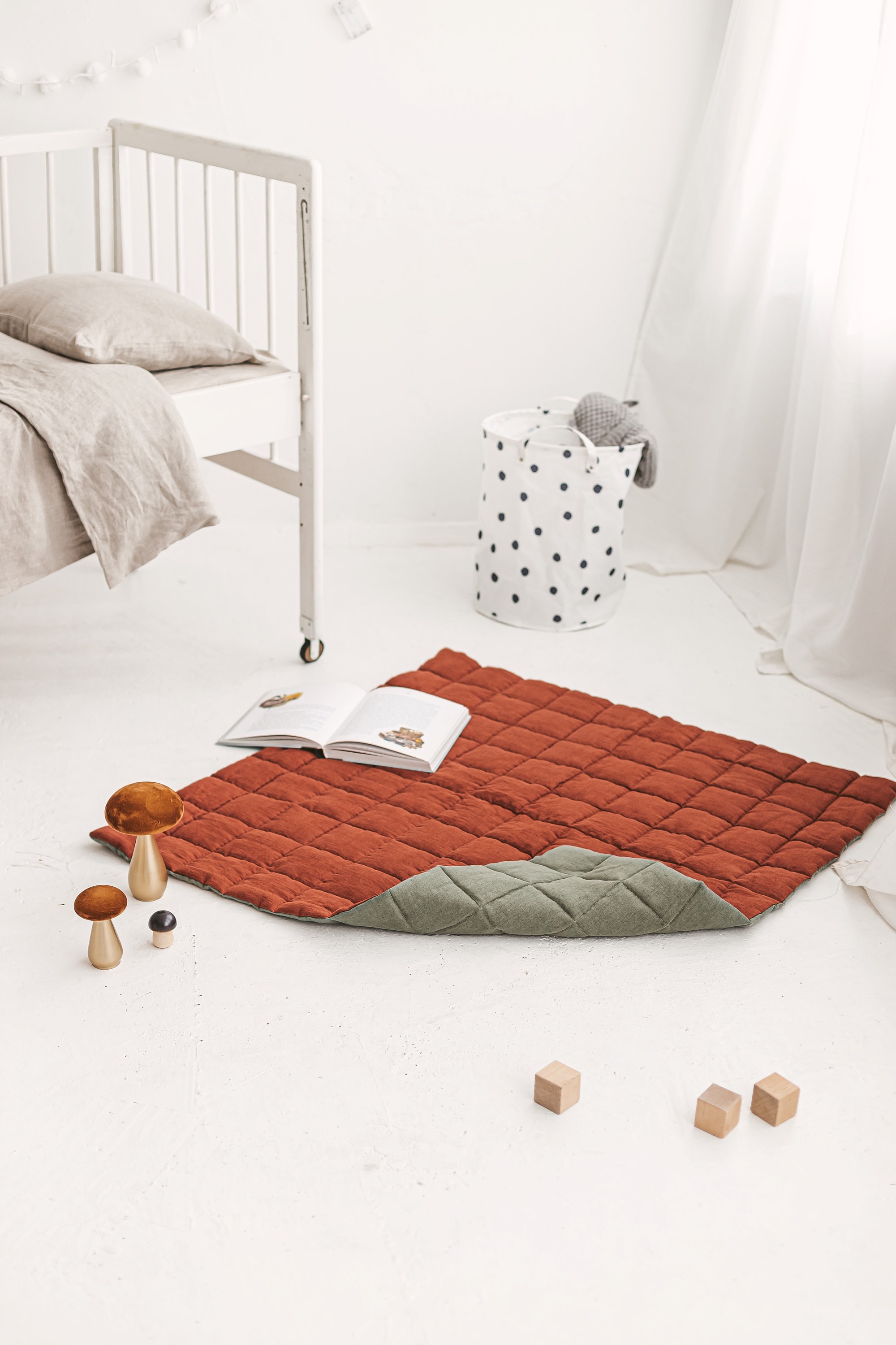 Rusty Green Linen Baby Play Mat, Linen Terracotta Quilted Playing Rug Playmat, Two-Sided Linen Nursery Rug, Linen Floor Padded Rug Mattress