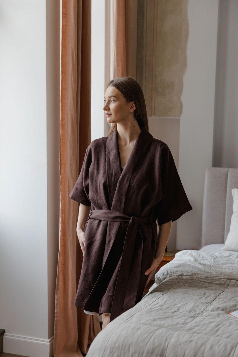 Chocolate Brown Linen Bathrobe, Gift for Her Dark Brown Linen Bath Robe ...