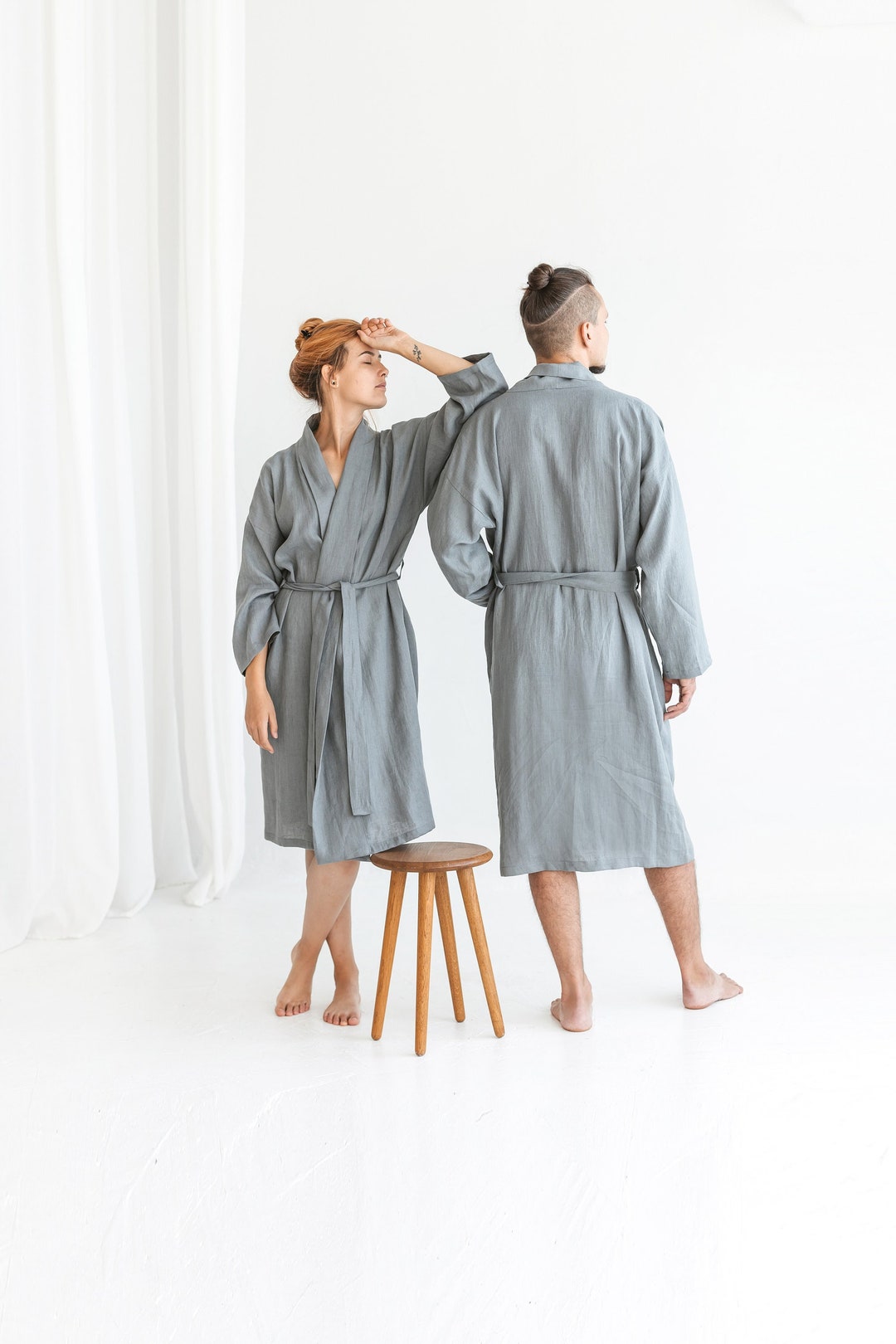 Set of 2 Linen Bathrobes for Him and Her, Linen Bathrobe for Women and