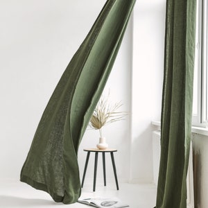 55/140 Cm Wide Dark Green Linen Curtain With Ties top, Green living room bedroom linen drape ,Custom long linen curtain, Linen window panel image 4