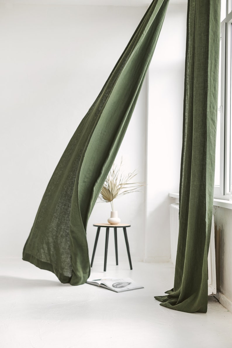 55/140 Cm Wide Dark Green Linen Curtain With Ties top, Green living room bedroom linen drape ,Custom long linen curtain, Linen window panel image 4