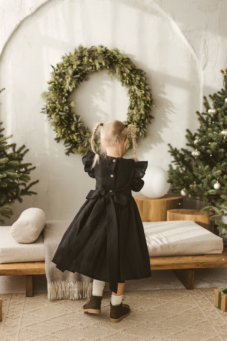 Girls Black Linen Christmas Dress With Buttons And Ribbon, Festive Linen Dress With Long Sleeves, Long Sleeve Linen Photoshoot Dress image 3