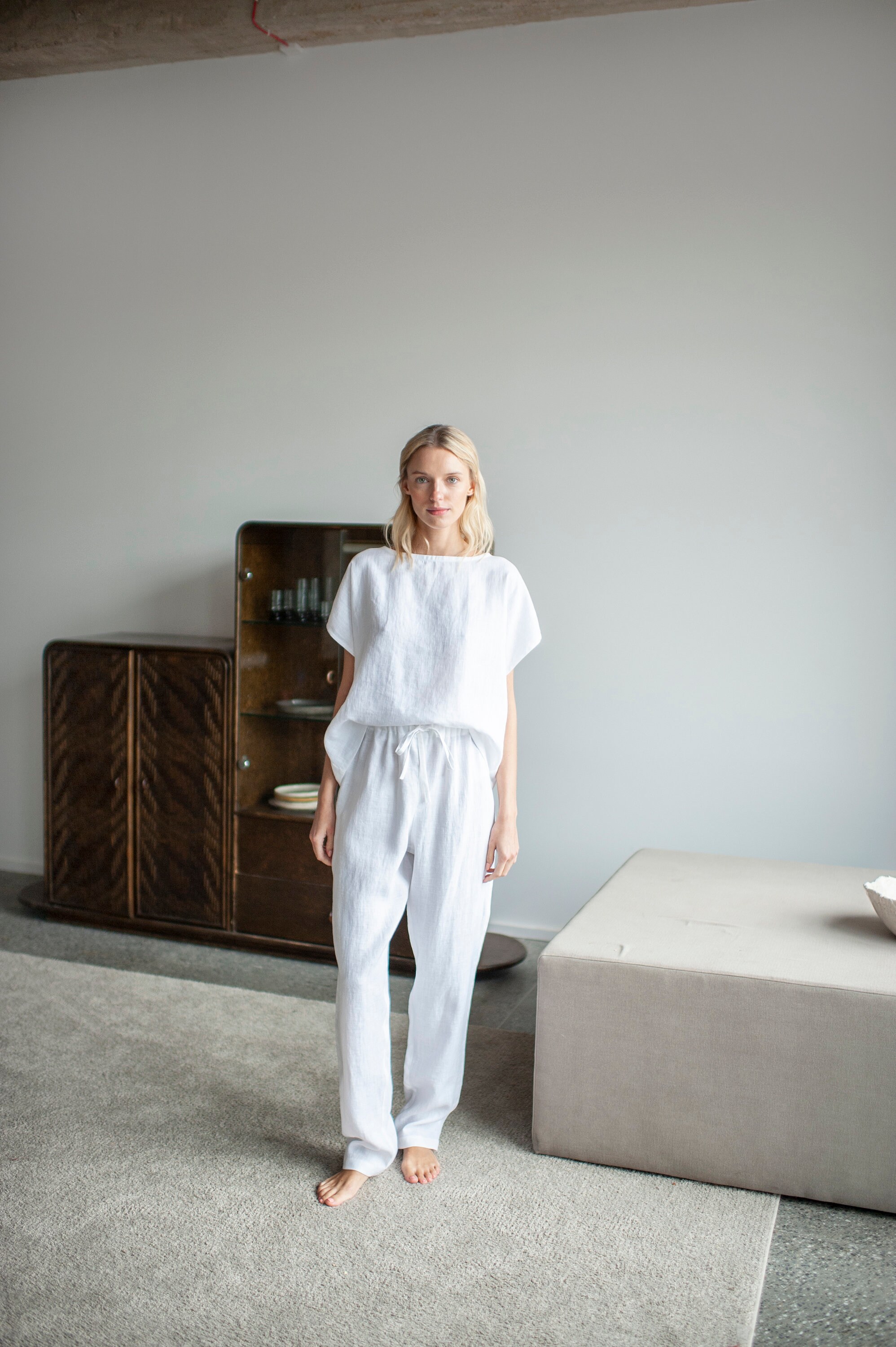 Joligiao Pantalon 7/8 Femme Été Pantalon Coton Et Lin Taille Elastique Large Pantalons Fluide Décontracté Taille Haute Léger Respirant Pantalons De Plage Ample Pants Cordon Large à Jambes Avec Poches