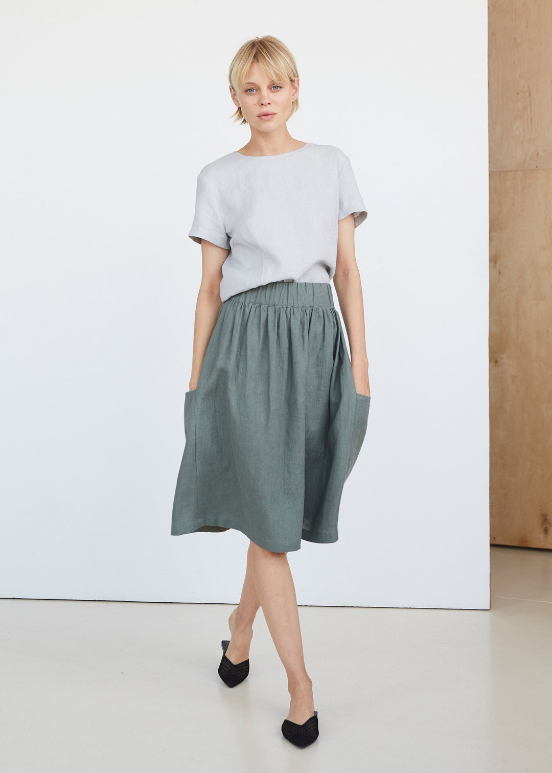 Green Skirt With Pockets, Midi Linen Skirt With Elastic Band, Knee
