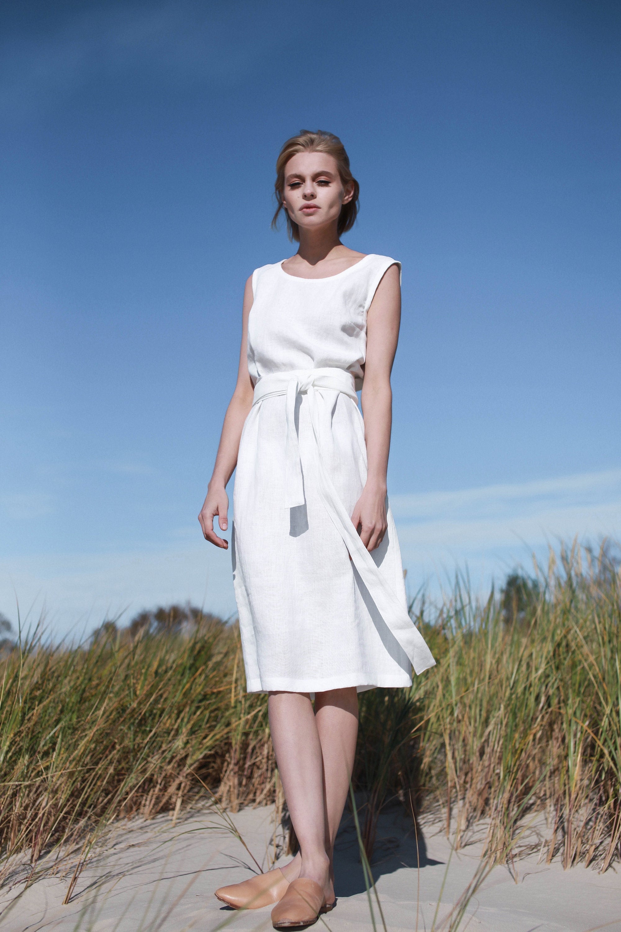 Off White Summer Linen Dress Tie Belt 