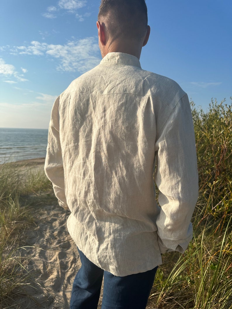 Linen Men's Collar Band Shirt, Natural Linen Summer Shirt For Men, Linen Shirt With Buttons, Classic Linen Shirt For Men With Long Sleeves zdjęcie 3