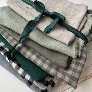 Linen Scraps Bundle Gingham Checks and Solid Colors, Natural Linen Fabric Remnants For Craft Projects. image 8