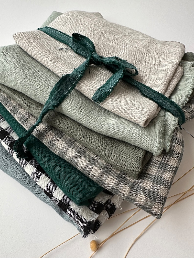 Linen Scraps Bundle Gingham Checks and Solid Colors, Natural Linen Fabric Remnants For Craft Projects. image 8