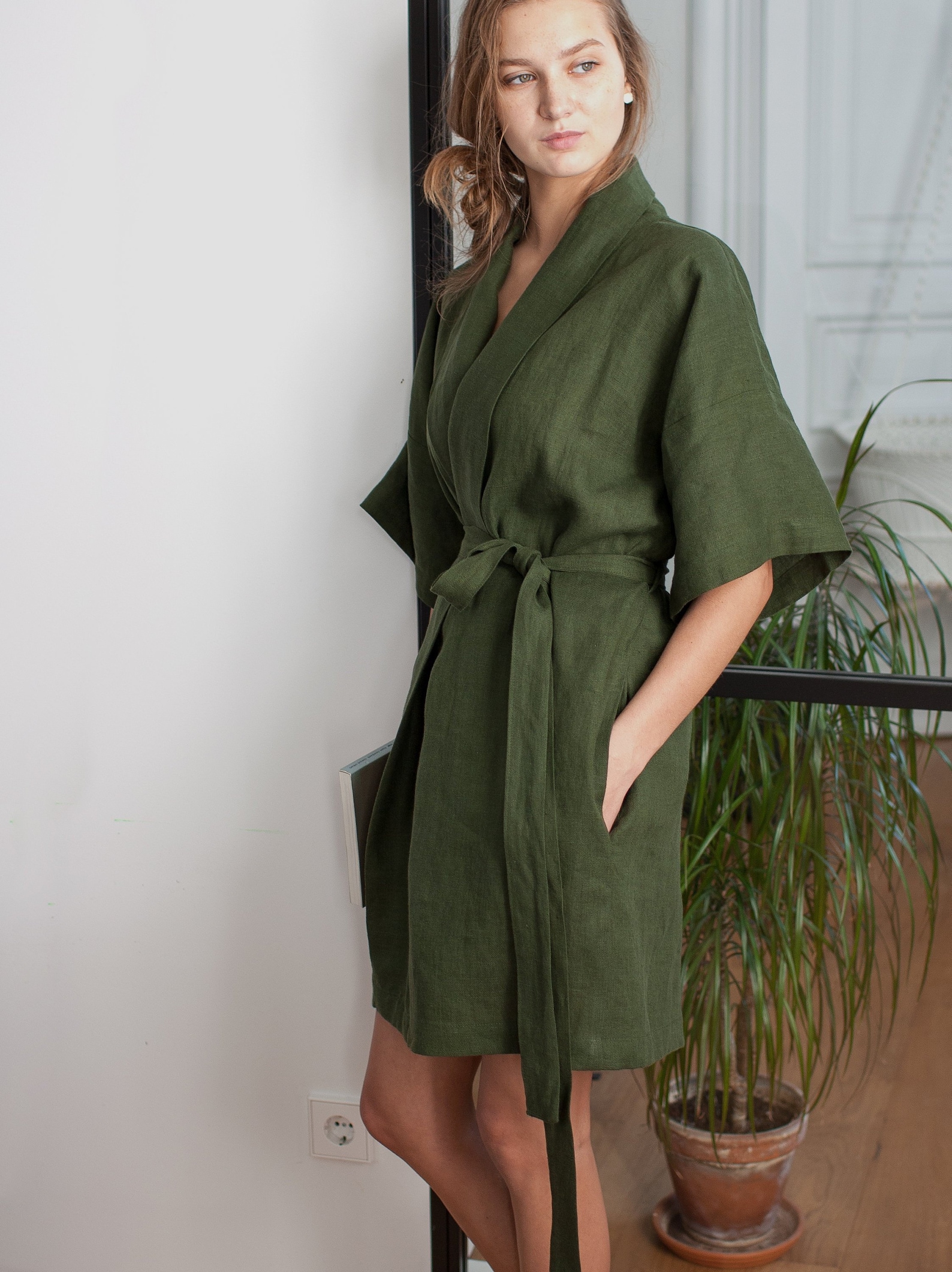 Green Linen Bathrobe Gift for Her Dark Green Linen Bath Robe Etsy UK