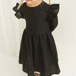 Girls Black Linen Christmas Dress With Buttons And Ribbon, Festive Linen Dress With Long Sleeves, Long Sleeve Linen Photoshoot Dress image 8