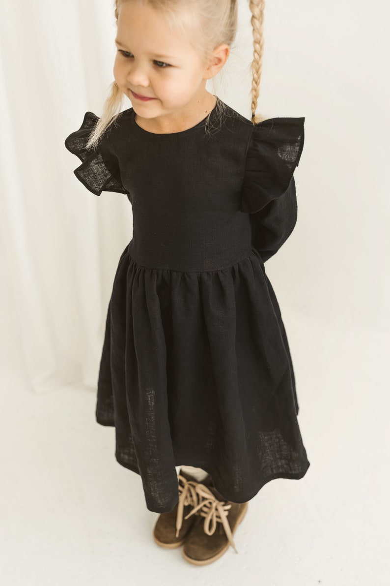 Girls Black Linen Christmas Dress With Buttons And Ribbon, Festive Linen Dress With Long Sleeves, Long Sleeve Linen Photoshoot Dress image 8