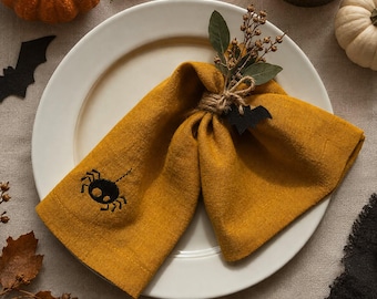 Embroidered Spider Linen Napkin, Halloween Table Decor, Gothic Autumn Setting