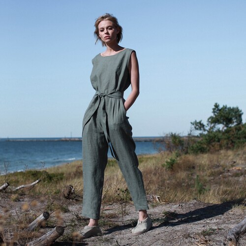 Cotton & Linen Jumpsuit With Belt