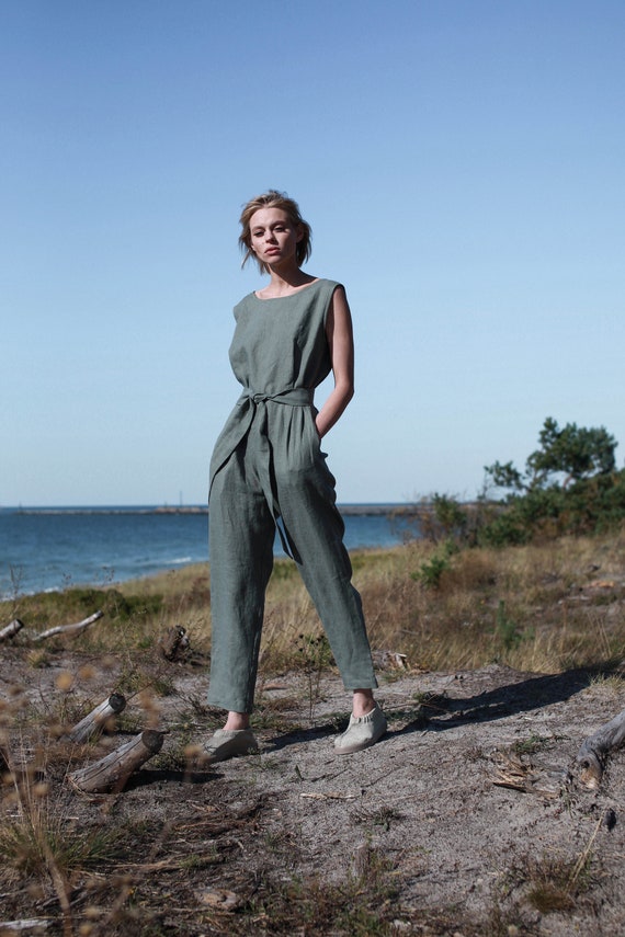 Linen Jumpsuit With Belt, Loose Fit Linen Jumpsuit With Hidden Pockets, Short Sleeves Linen Overall