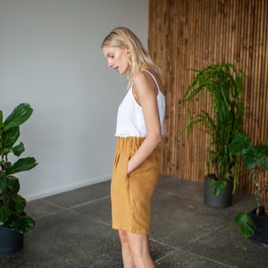 High Waisted Linen Shorts With Elastic Waistband, Linen Bermuda Shorts, High Waist Linen Shorts With Pockets, Summer Linen Shorts image 3