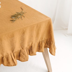 Amber Linen Tablecloth With Ruffle, Ruffled Linen Table Cloth for Wedding,Custom Size Linen Table Cover,Extra Large Linen Ruffle Tablecloth image 2