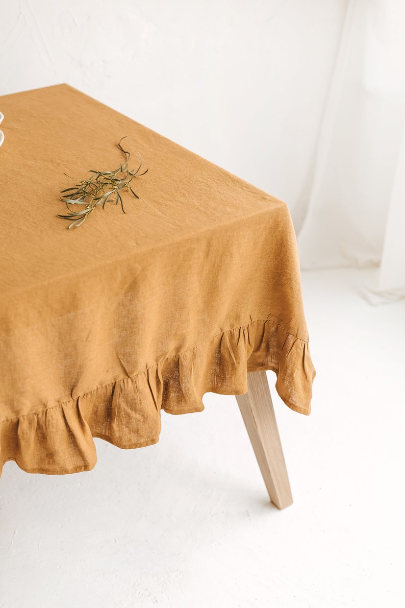 Amber Linen Tablecloth With Ruffle, Ruffled Linen Table Cloth for Wedding,Custom Size Linen Table Cover,Extra Large Linen Ruffle Tablecloth image 2