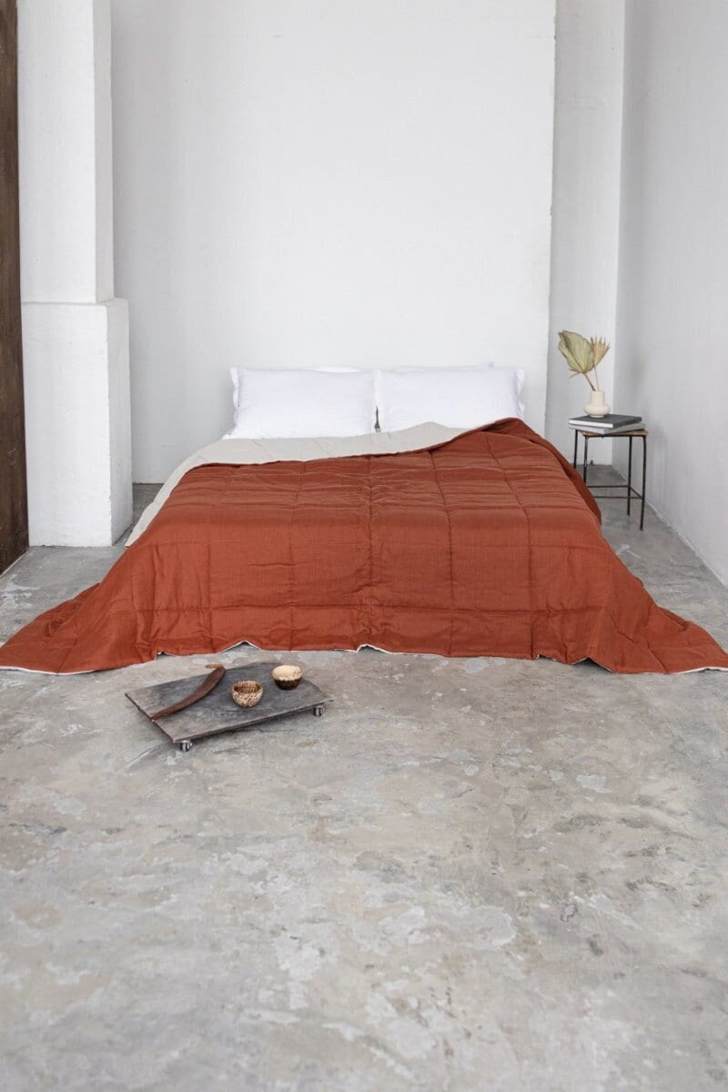 Linen Quilted Bedspread, Rust Linen Comforter, Linen Quilt,Burnt Orange Bed Cover,Linen Bed Throw,Queen Linen Comforter,King Linen Bed Cover