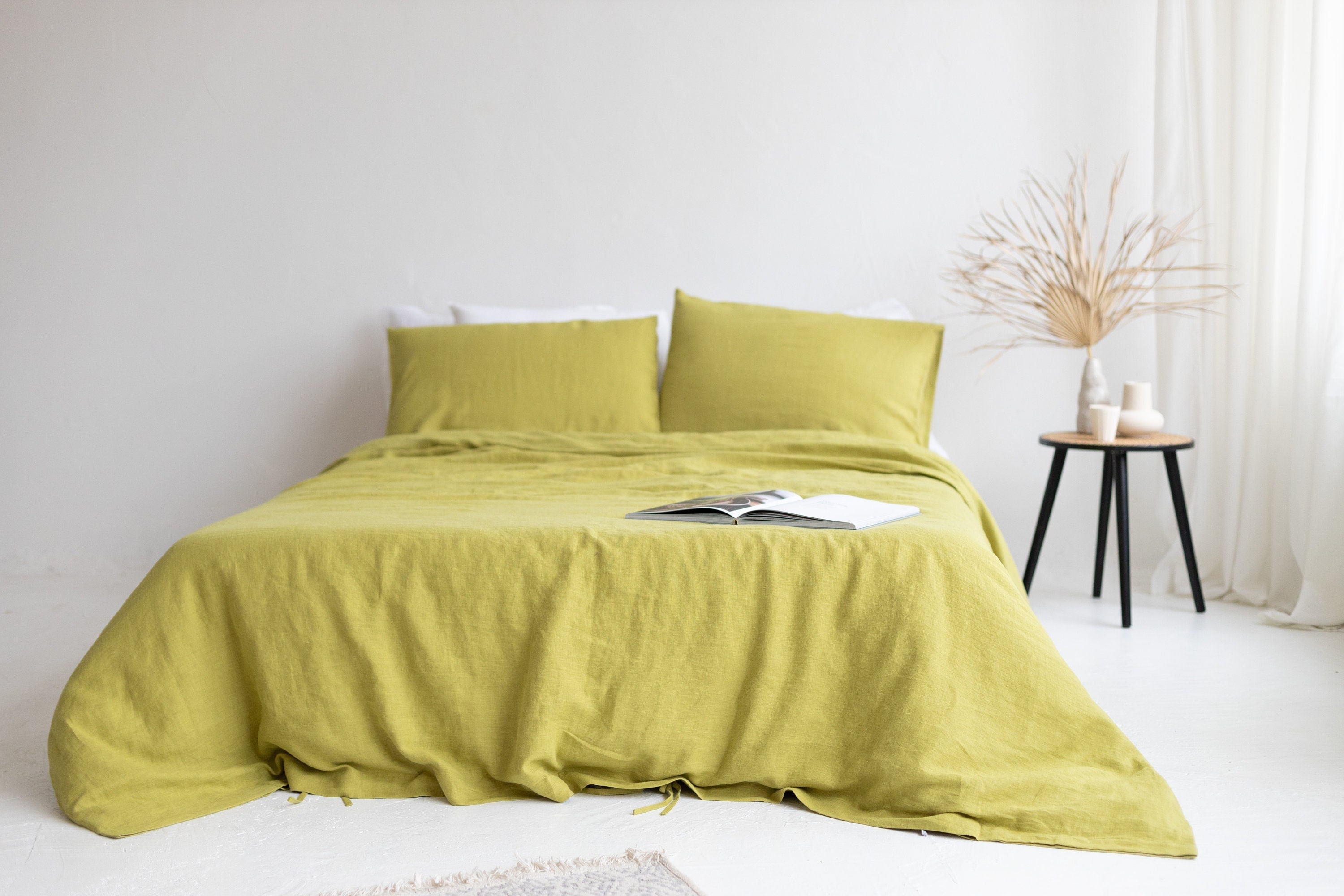 Housse de Couette et Taies d'oreiller en Lin Lime Queen, Ensemble Literie King en avec Cravates, Hou