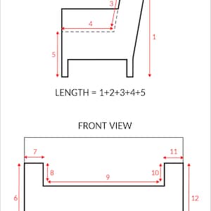 May include: A black and white line drawing of a chair with measurements labeled in inches. The drawing shows the side and front views of the chair. The text "LENGTH = 1+2+3+4+5" and "WIDTH = 6+7+8+9+10+11+12" is included in the image.