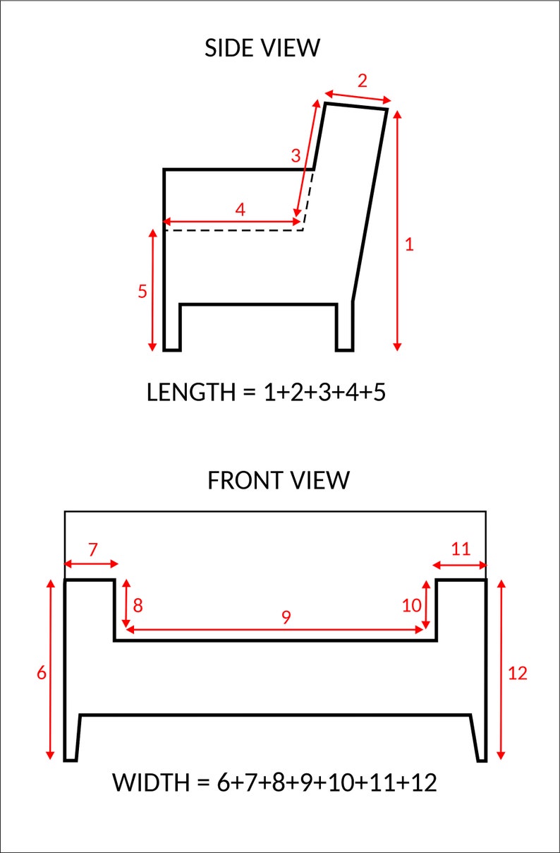 May include: A black and white line drawing of a chair with measurements labeled in inches. The drawing shows the side and front views of the chair. The text "LENGTH = 1+2+3+4+5" and "WIDTH = 6+7+8+9+10+11+12" is included in the image.