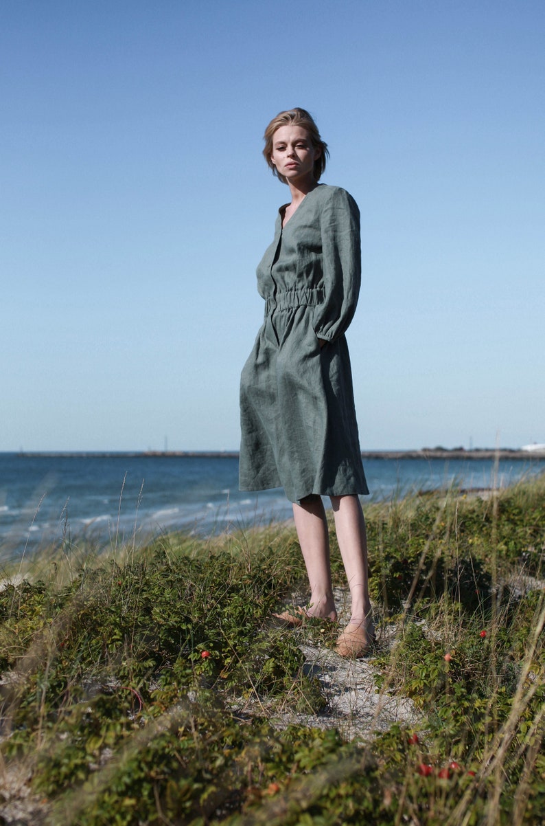 Light Grey Linen Midi Dress Linen Dress With Buttons Elegant Etsy