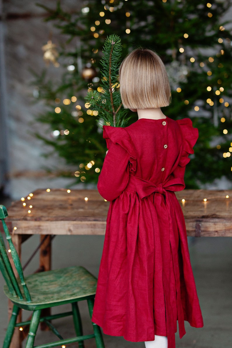 Girls Red Linen Christmas Dress With Buttons And Ribbon, Festive Linen Dress With Long Sleeves, Long Sleeve Linen Christmas Photoshoot Dress image 6