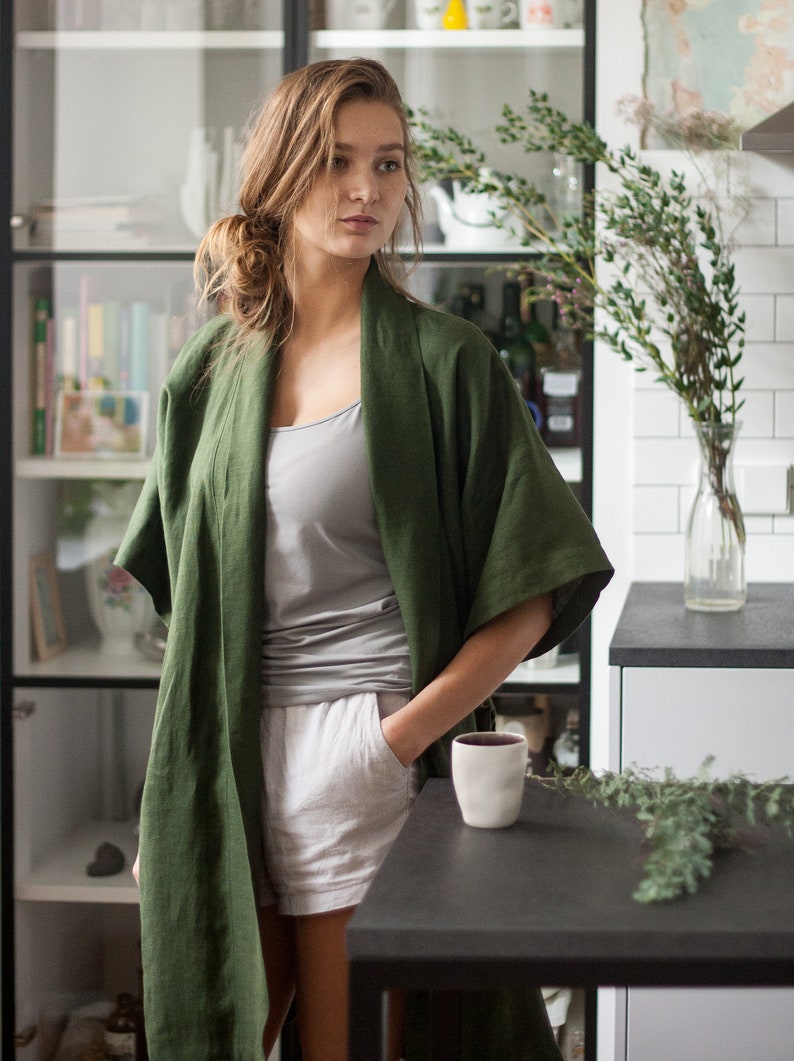 Green Linen Bathrobe Gift for Her Dark Green Linen Bath Robe Etsy UK