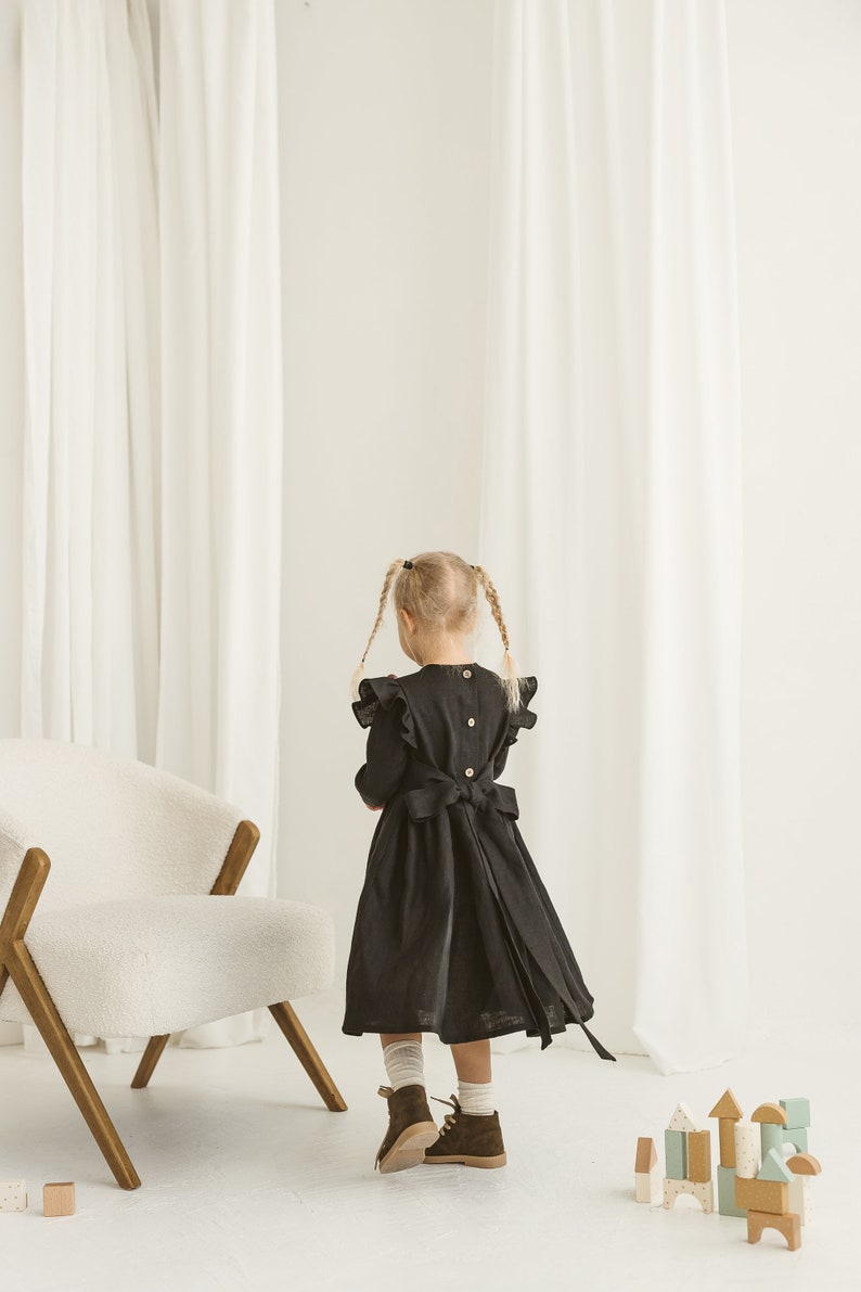 Girls Black Linen Christmas Dress With Buttons And Ribbon, Festive Linen Dress With Long Sleeves, Long Sleeve Linen Photoshoot Dress image 4