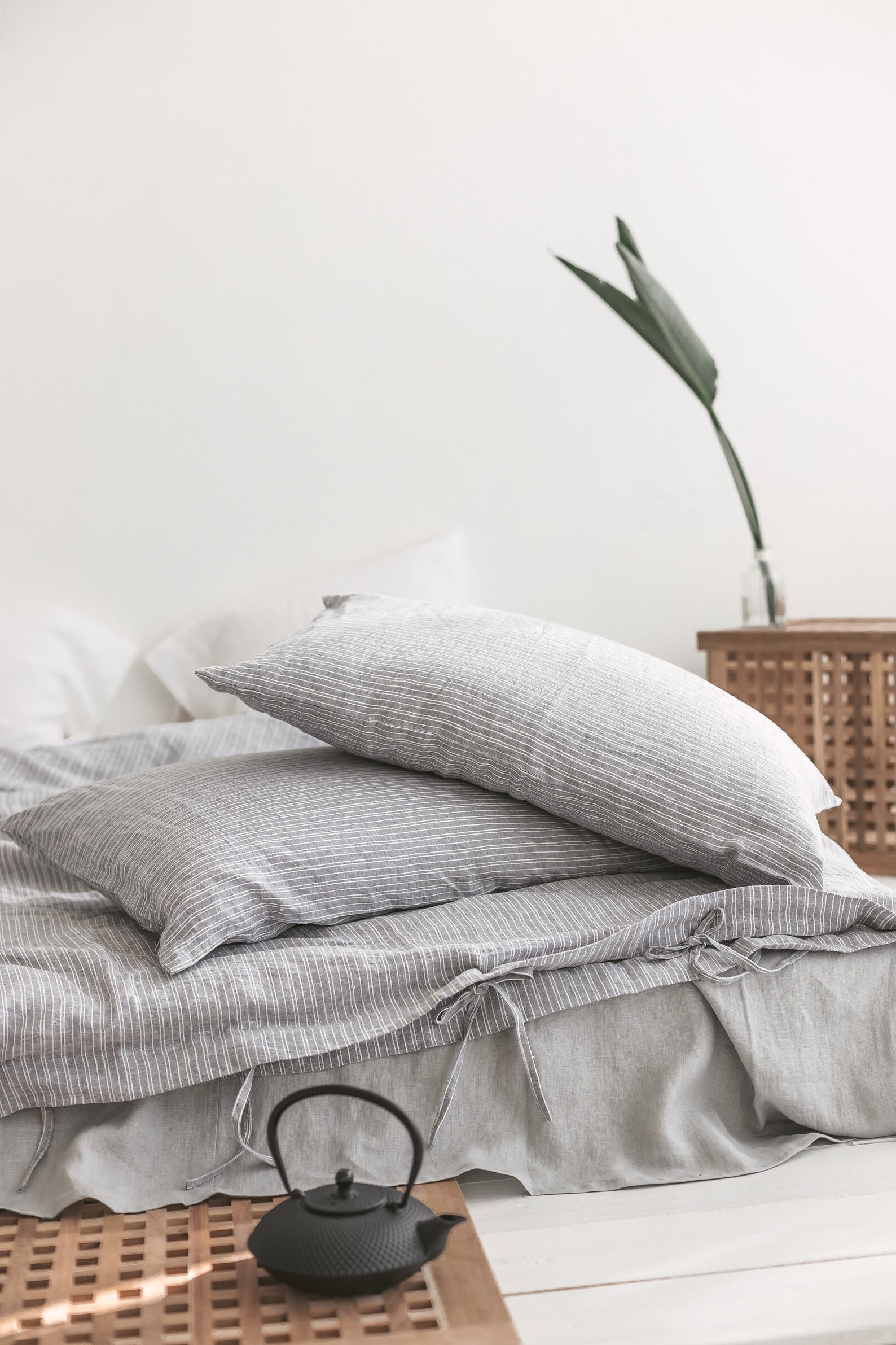 Striped Grey Linen Duvet Cover and Pillowcases Gray Linen | Etsy