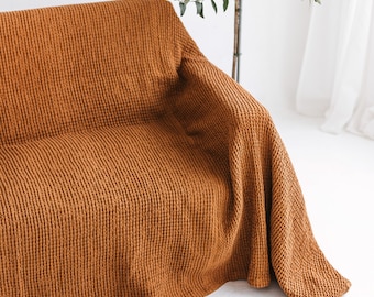 Linen Couch Cover, Waffle Linen Couch Cover, Burnt Orange Linen Slipcover, Terracotta Sofa Cover, Linen Couch Throw, Large Linen Coverlet