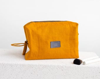 Mustard Linen Pouch,Linen Makeup Bag, Double-Layered Linen Cosmetic Bag,Linen Makeup Pouch,Green Waterproof Travel Pouch With Zipper