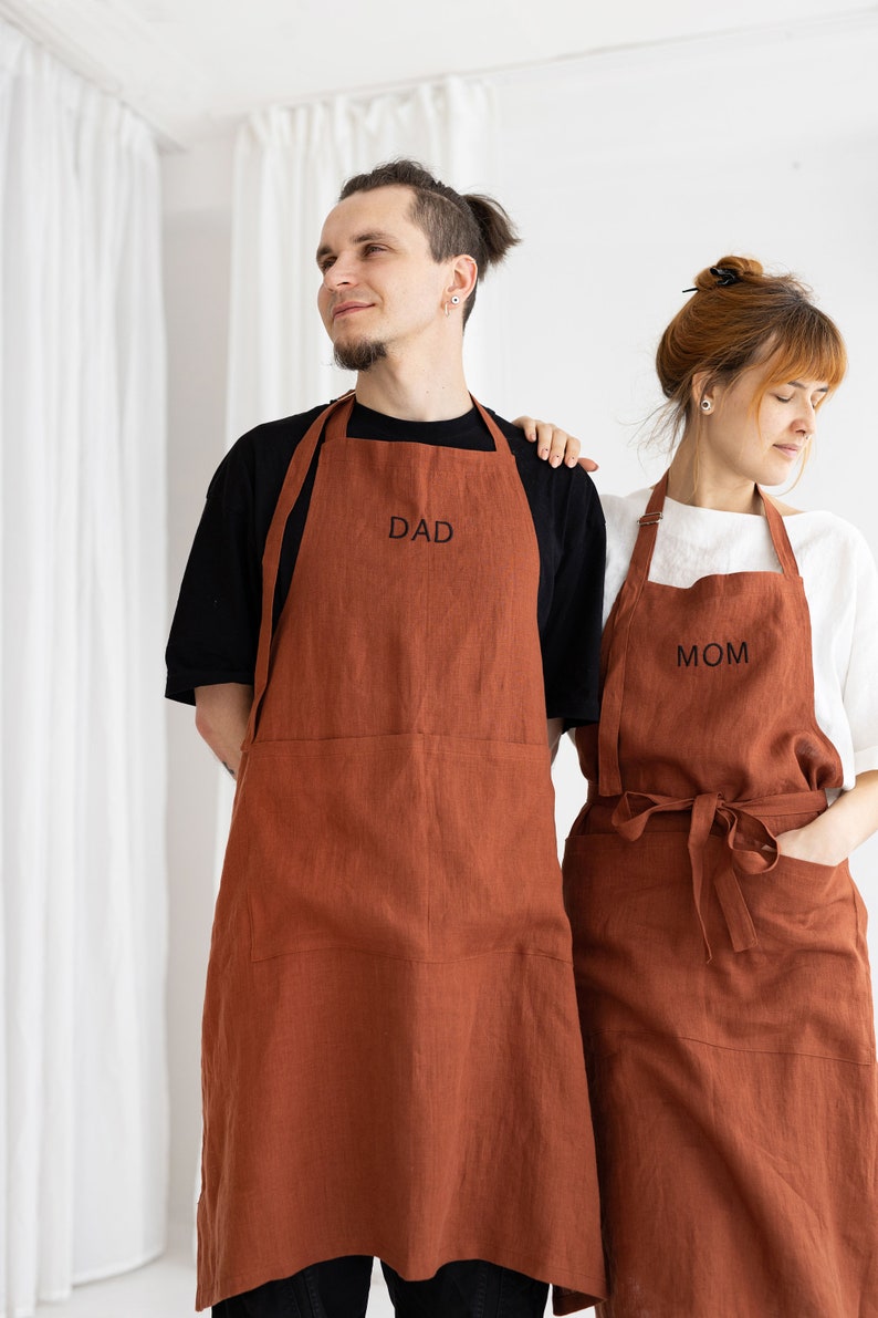 Personalized Linen Apron For Dad, Linen Apron With Embrodery, Embroidered Chef Apron For Father And Mother, Unisex Linen Apron Embroiderery image 5