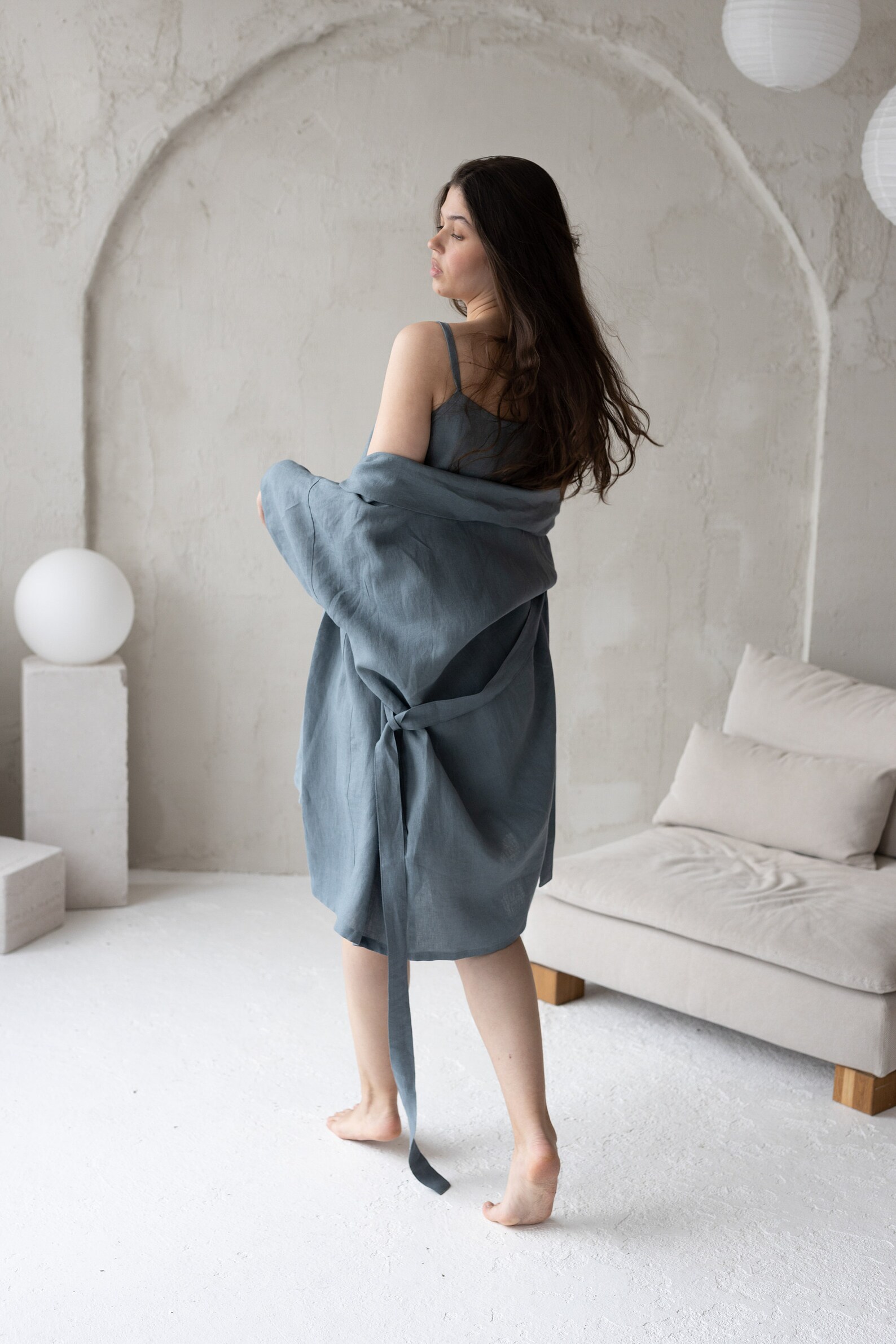 Dusty Blue Linen Bathrobe, Gift for Her Blue Linen Bath Robe, Natural ...