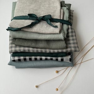 Linen Scraps Bundle Gingham Checks and Solid Colors, Natural Linen Fabric Remnants For Craft Projects. image 5