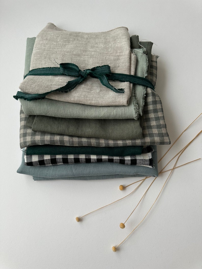 Linen Scraps Bundle Gingham Checks and Solid Colors, Natural Linen Fabric Remnants For Craft Projects. image 5