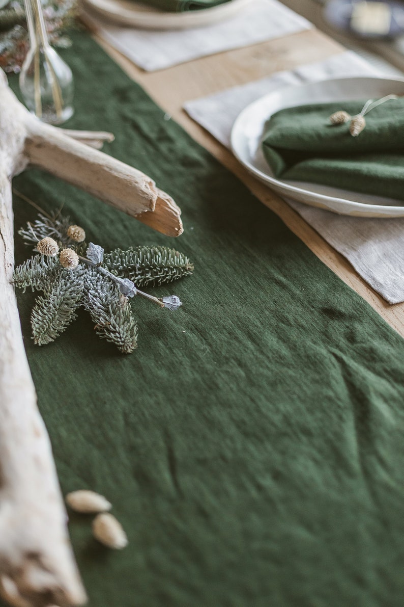 Soft Linen Table Runner,Natural Linen Table Decor,Stone Washed Table Runners,Dark Green Table Linens,Flax,Softened Table Runner,Linen Gift image 3