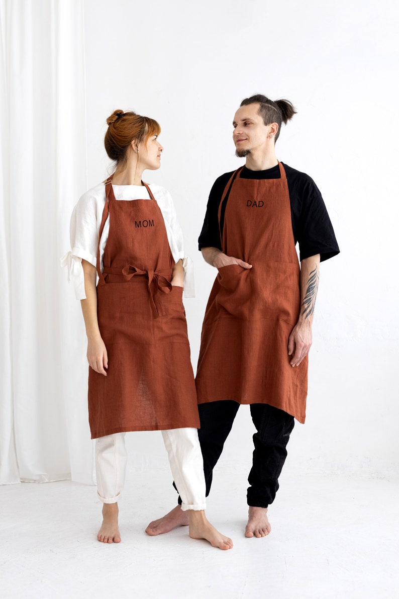 Personalized Linen Apron For Dad, Linen Apron With Embrodery, Embroidered Chef Apron For Father And Mother, Unisex Linen Apron Embroiderery image 6