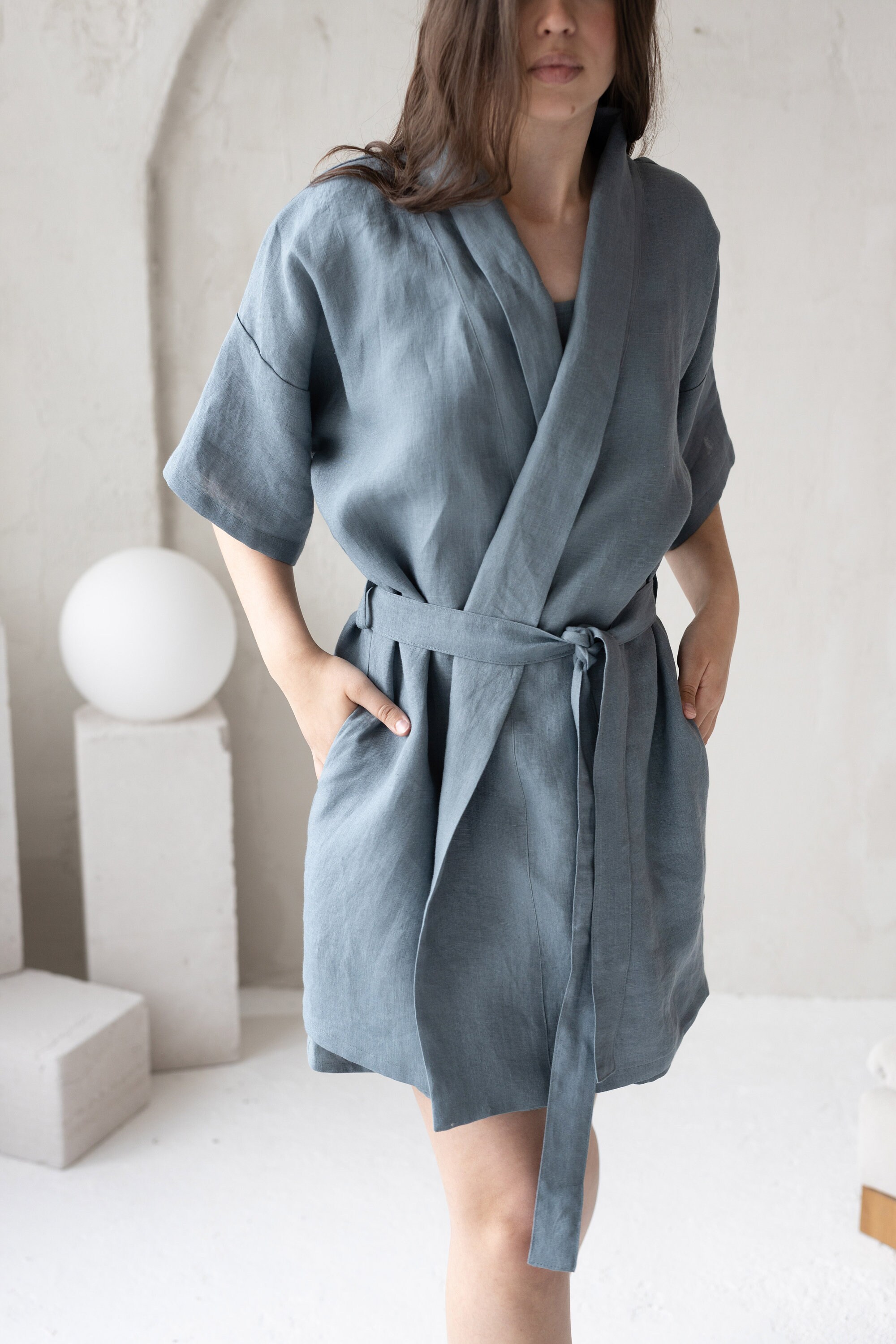 Dusty Blue Linen Bathrobe, Gift for Her Blue Linen Bath Robe, Natural ...