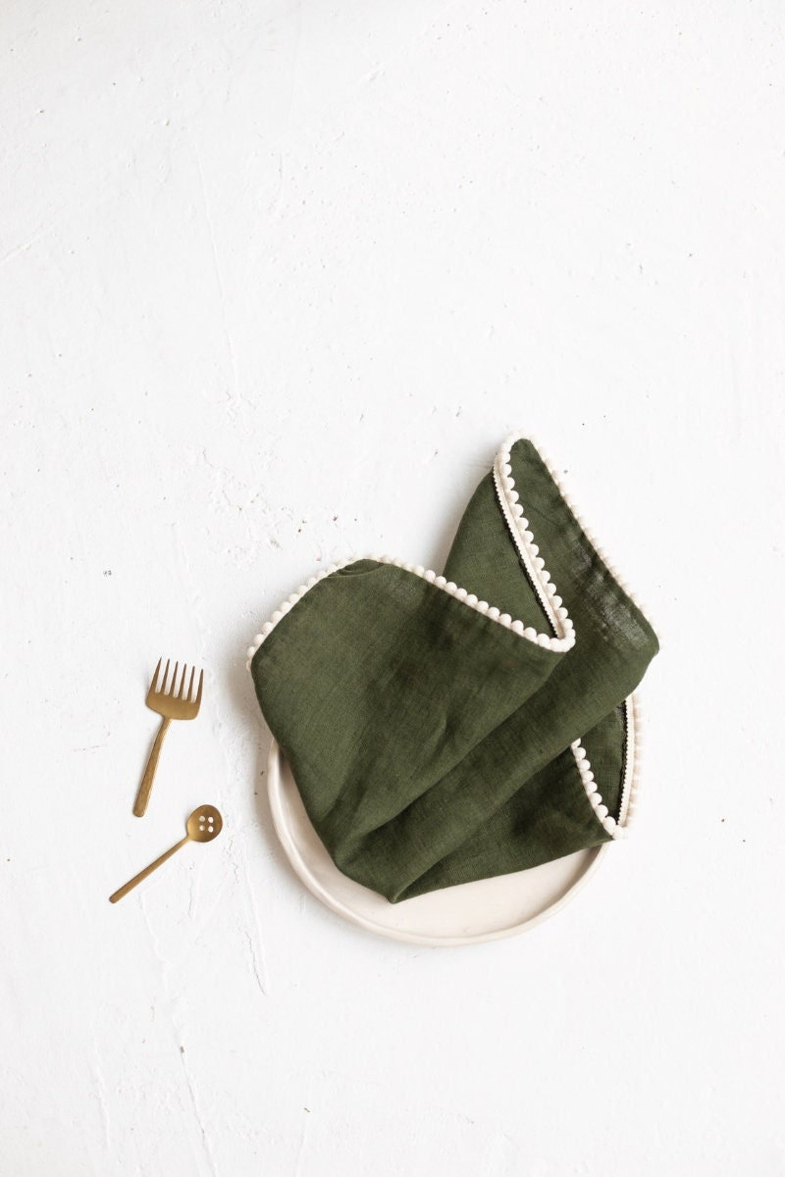 Dark Green Linen Napkins Set Linen Pom Pom Napkins Green Etsy