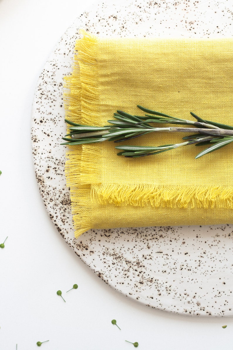 Yellow Fringed Linen Napkins Set Bright Linen Cloth Napkins Etsy