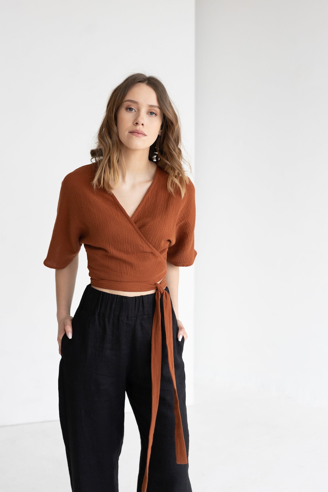 ❖seed and soils /organic cotton wrap top Muslin Wrap Blouse, Gauze Wrap Top, Rust Wrap Blouse, Cotton