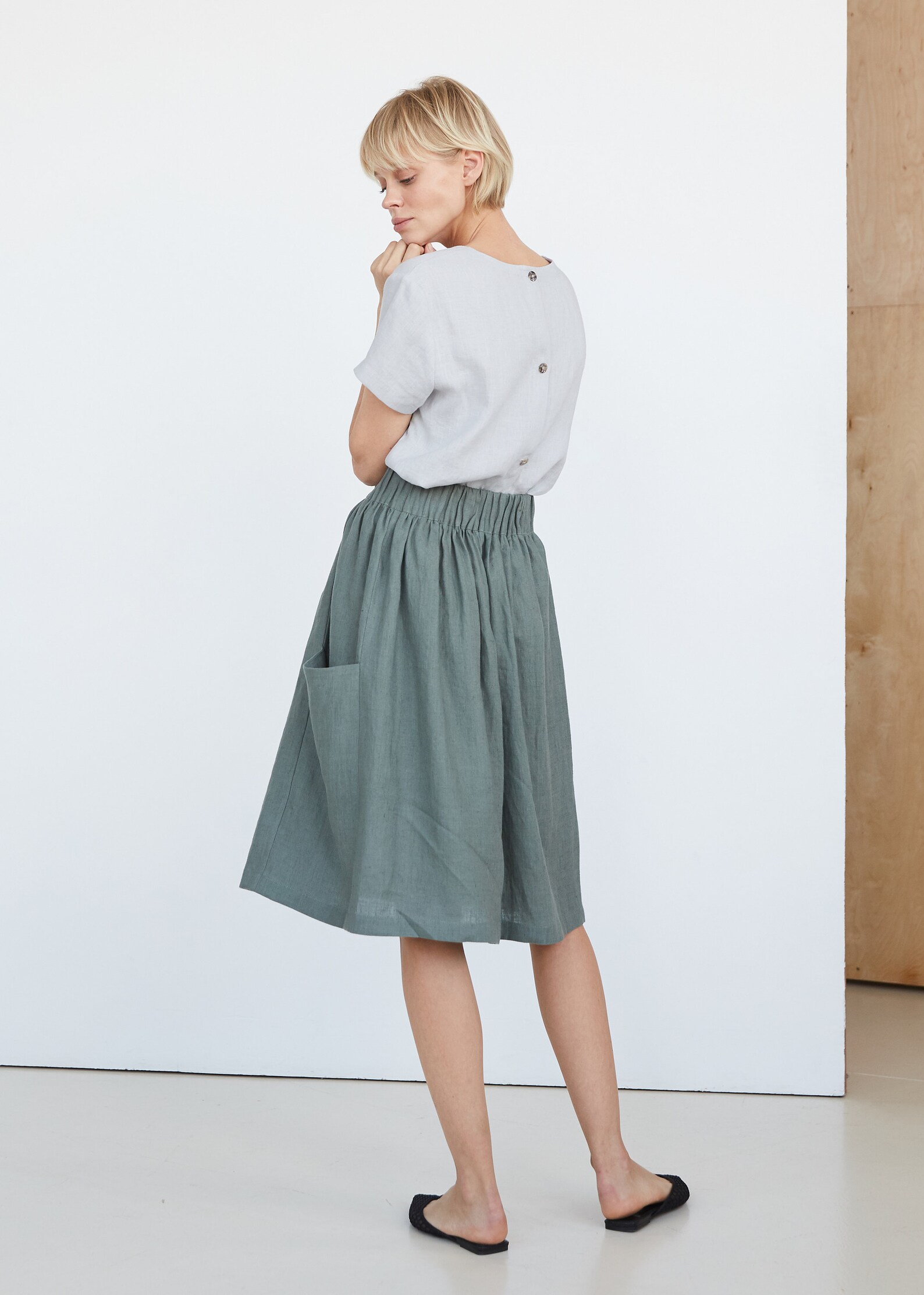 Green Skirt With Pockets Midi Linen Skirt With Elastic Band Etsy