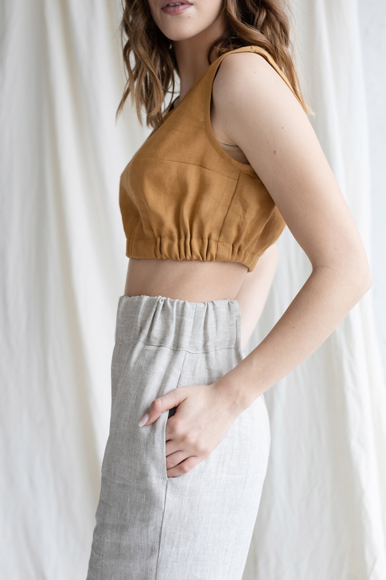 Amber Linen Crop Top, Short Linen Summer Top, Women Linen Blouse With Elastic Band, Linen Tank Top, Sleeveless Linen Top image 3