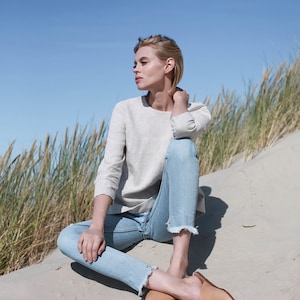 Natural light Linen Top With Buttons, Linen Shirt With Buttons In Back, Back Buttoned Linen Blouse, Loose Linen Top With Sleeves