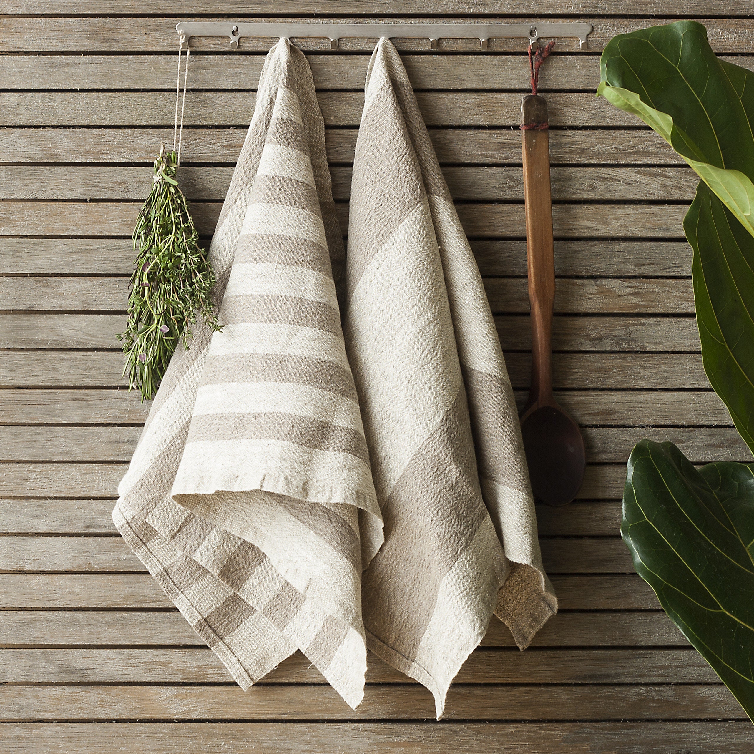 Striped Linen Tea Towels Set, Set of 2 Linen Dish Towels, Beige
