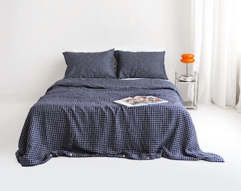 Denim Blue Checks Linen Duvet Cover and Pillowcases, Linen King Bedding Set With Buttons, Linen Doona Cover with Shams, Boho Linen Bedding