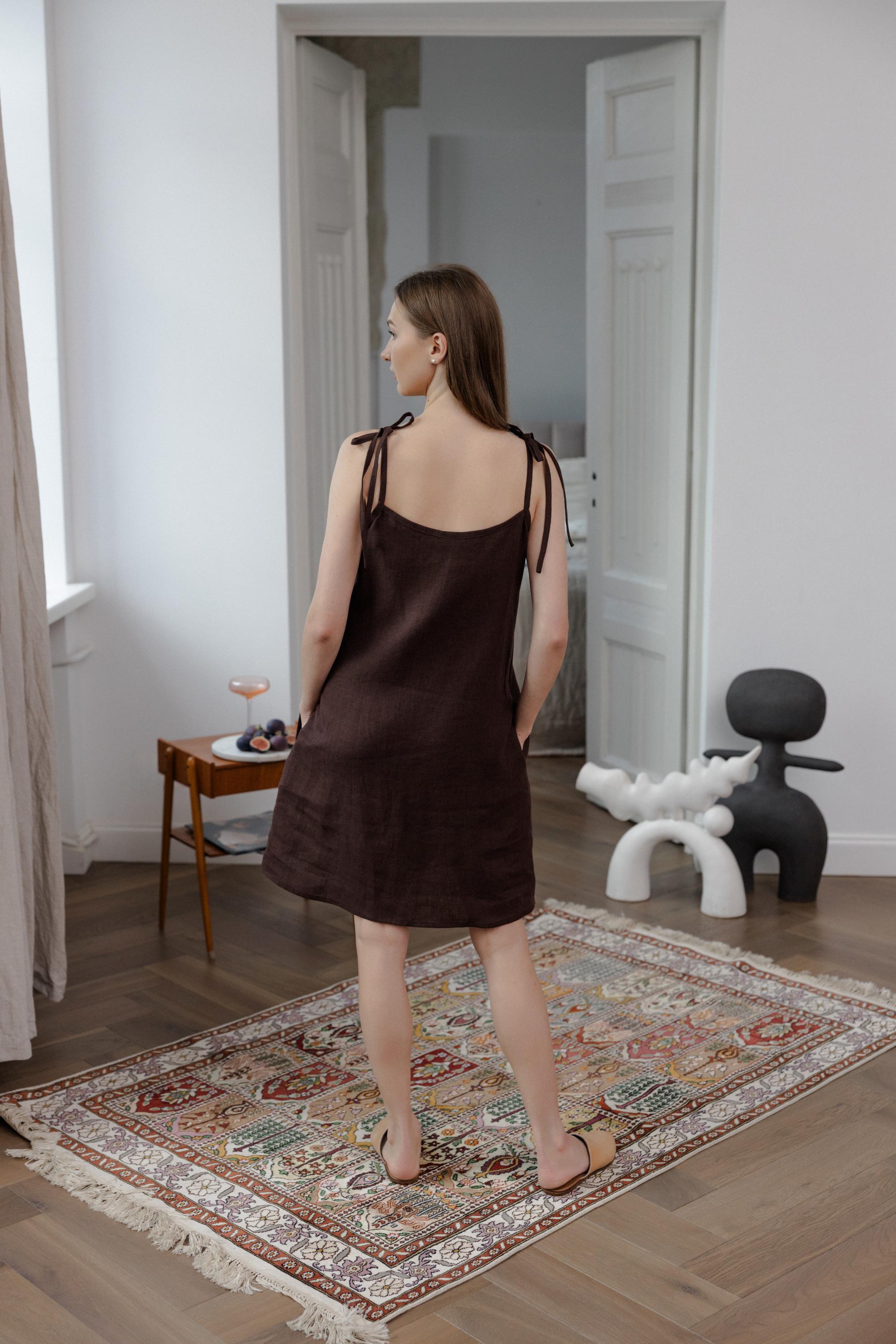 Chocolate Brown Linen Dress - Adjustable Spaghetti Strap Slip Dress with Pockets